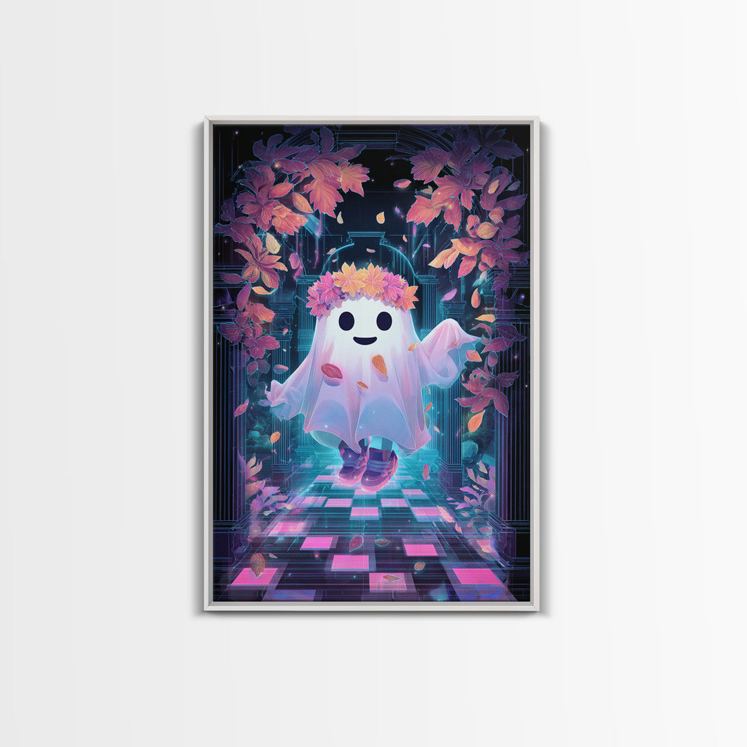 The Ghost With A Flower Crown, Retro Neon Halloween Art, Vertical Wall Art, Framed Canvas Print, Retro Halloween Decor, Neon Wall Art