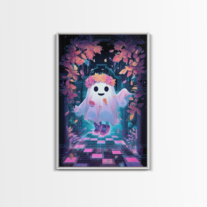 The Ghost With A Flower Crown, Retro Neon Halloween Art, Vertical Wall Art, Framed Canvas Print, Retro Halloween Decor, Neon Wall Art