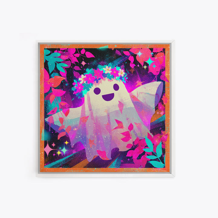 The Ghost With A Flower Crown, Vaporwave Halloween Decor, Square Wall Art, Canvas Print, Retro Halloween Decor, Neon Wall Art