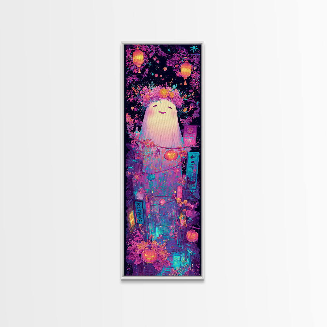 The Ghost With A Flower Crown, Synthwave Halloween Art, Tall Narrow Wall Art, Canvas Print, Retro Halloween Decor, Neon Wall Art