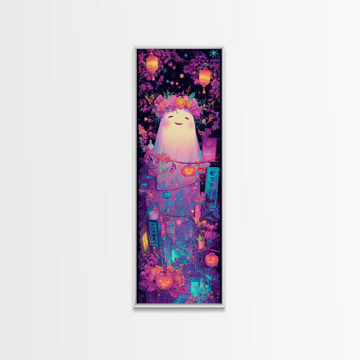 The Ghost With A Flower Crown, Synthwave Halloween Art, Tall Narrow Wall Art, Canvas Print, Retro Halloween Decor, Neon Wall Art