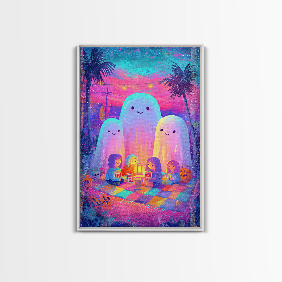 The Sleepy Blanket Ghost, Cute Spooky Neon Art, Vertical Wall Art, Canvas Print, Retro Halloween Decor, Neon Wall Art, Spooky Wall Decor