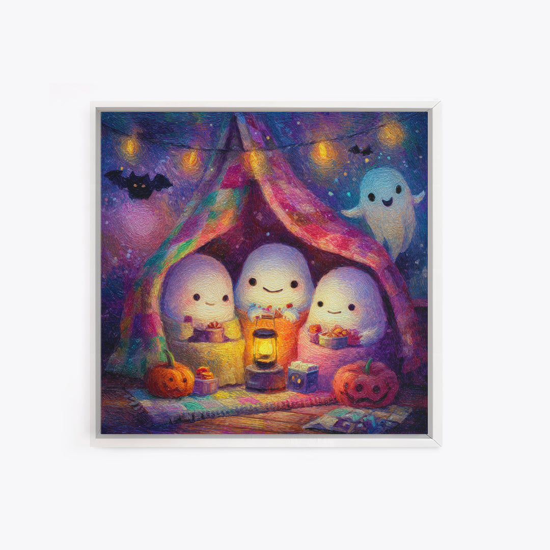 The Sleepy Blanket Ghost, Cute Spooky Neon Art, Square Wall Art, Canvas Print, Retro Halloween Decor, Neon Wall Art, Seasonal Home Decor