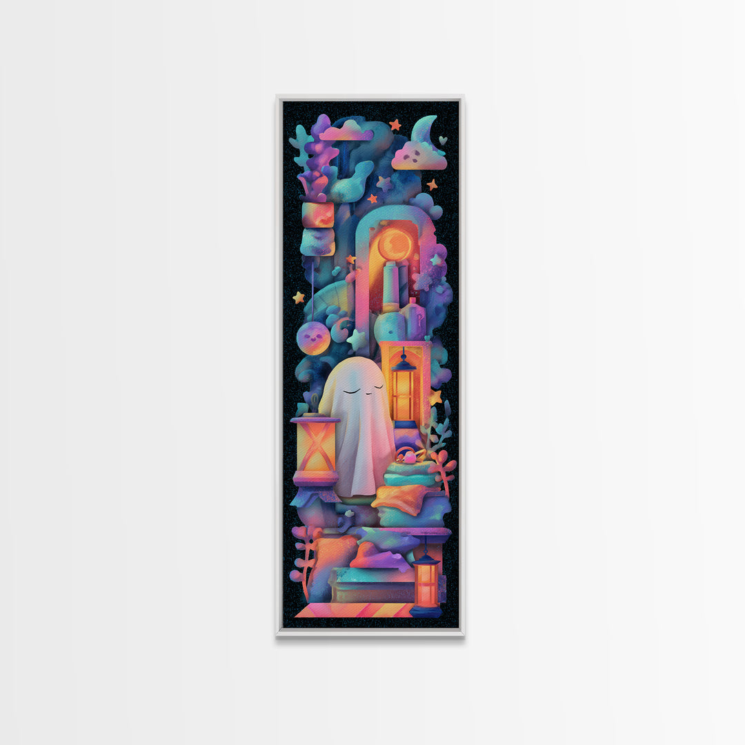 The Sleepy Blanket Ghost, Synthwave Halloween Art, Tall Narrow Wall Art, Canvas Print, Retro Halloween Decor, Neon Wall Art