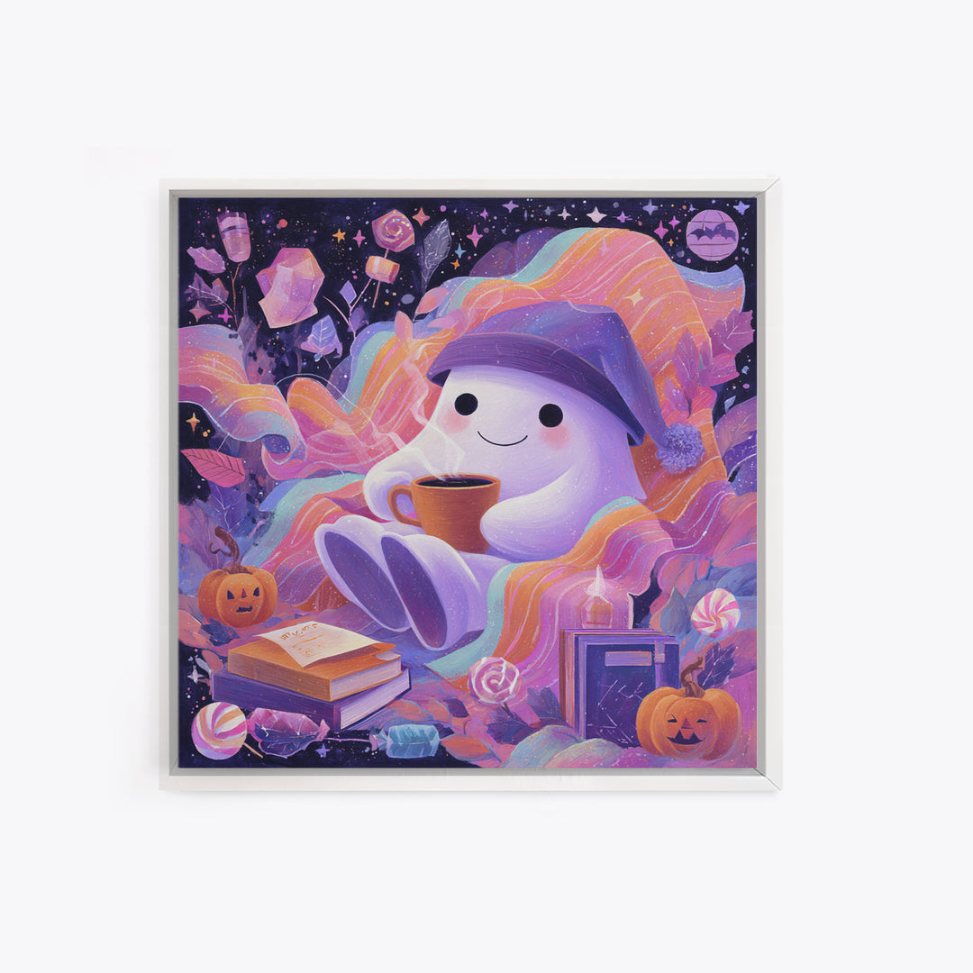 The Ghost Mail Carrier, Cute Spooky Neon Art, Square Wall Art, Framed Canvas Print, Retro Halloween Decor, Neon Wall Art