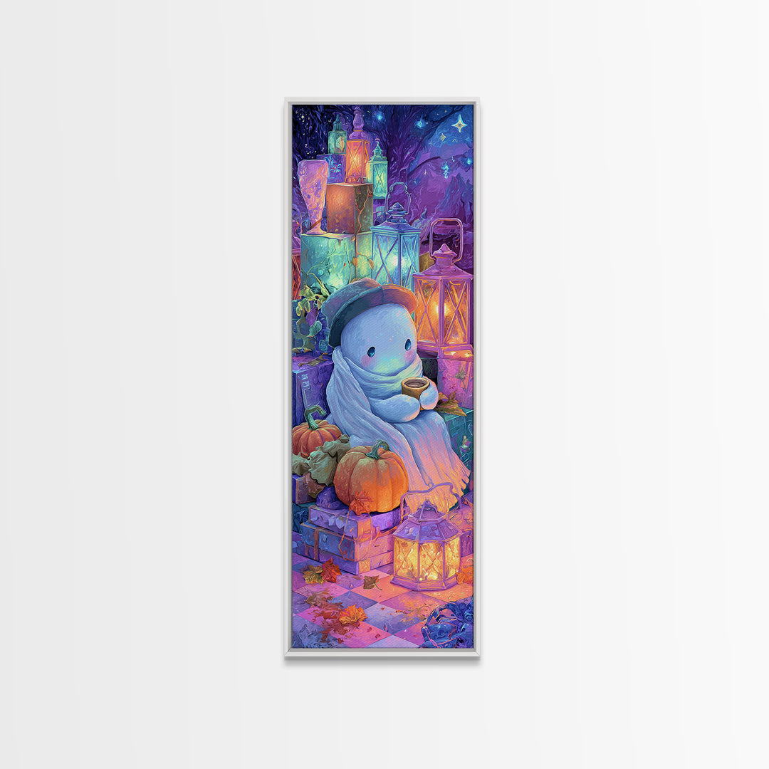 The Ghost Mail Carrier, Vaporwave Halloween Decor, Tall Narrow Wall Art, Framed Canvas Print, Retro Halloween Decor, Neon Wall Art