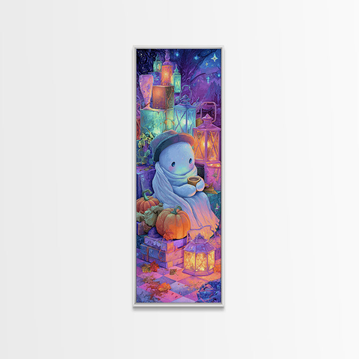 The Ghost Mail Carrier, Vaporwave Halloween Decor, Tall Narrow Wall Art, Framed Canvas Print, Retro Halloween Decor, Neon Wall Art