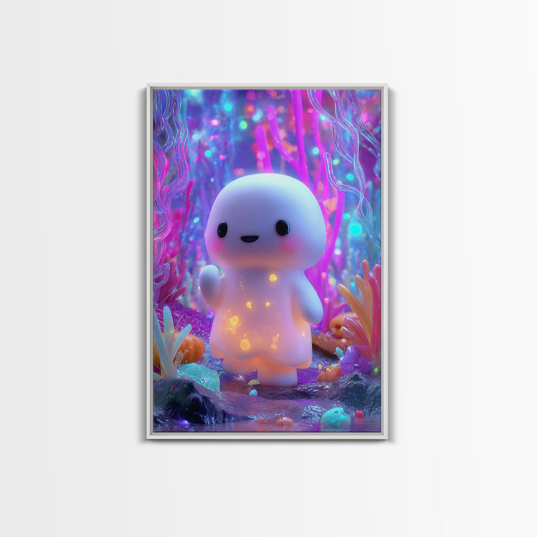 The Ghost And Firefly Friends, Synthwave Halloween Art, Vertical Wall Art, Framed Canvas Print, Retro Halloween Decor, Neon Wall Art