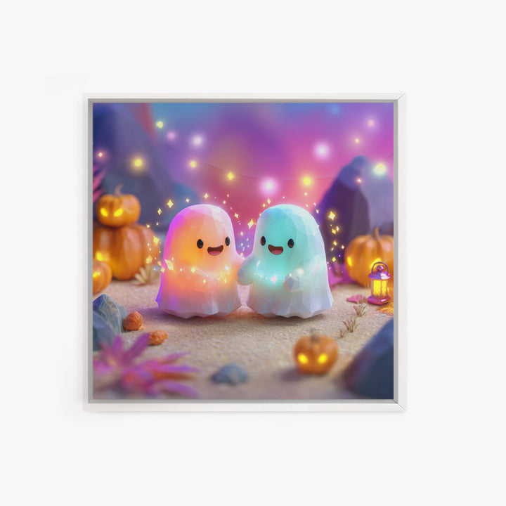 The Ghost And Firefly Friends, Cute Spooky Neon Art, Square Wall Art, Framed Canvas Print, Retro Halloween Decor, Neon Wall Art
