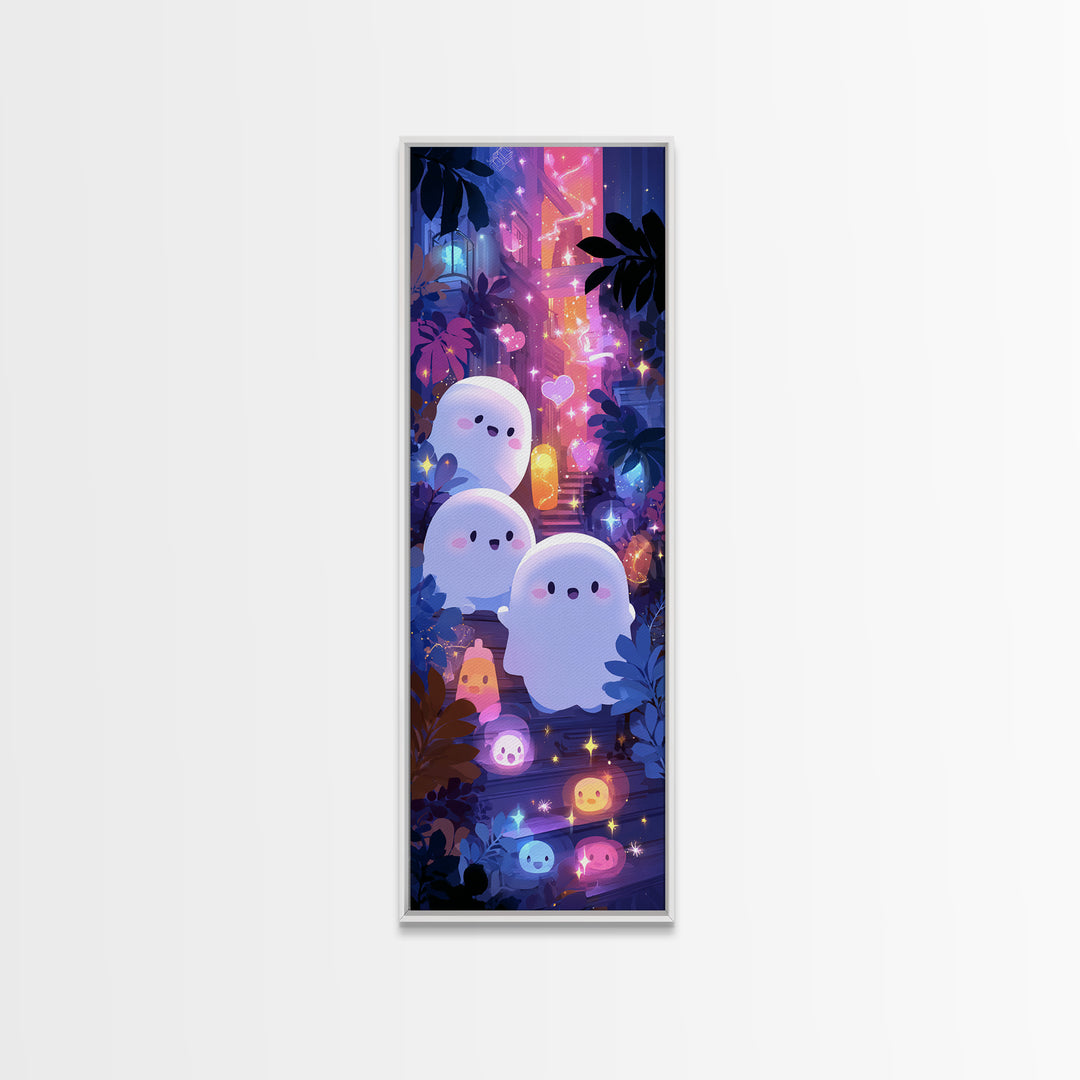 The Ghost And Firefly Friends, Vaporwave Halloween Decor, Tall Narrow Wall Art, Canvas Print, Retro Halloween Decor, Neon Wall Art