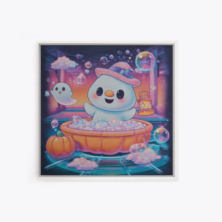 The Ghost Bubble Bath, Vaporwave Halloween Decor, Square Wall Art, Canvas Print, Retro Halloween Decor, Neon Wall Art, Halloween Wall Art