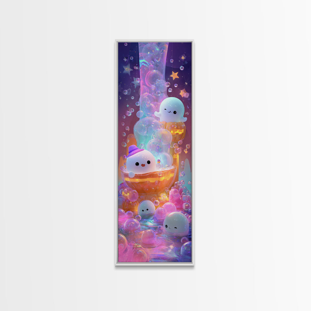 The Ghost Bubble Bath, Cute Spooky Neon Art, Tall Narrow Wall Art, Canvas Print, Retro Halloween Decor, Neon Wall Art, Seasonal Home Decor