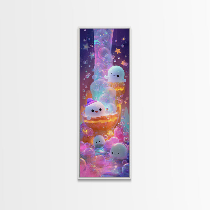 The Ghost Bubble Bath, Cute Spooky Neon Art, Tall Narrow Wall Art, Canvas Print, Retro Halloween Decor, Neon Wall Art, Seasonal Home Decor