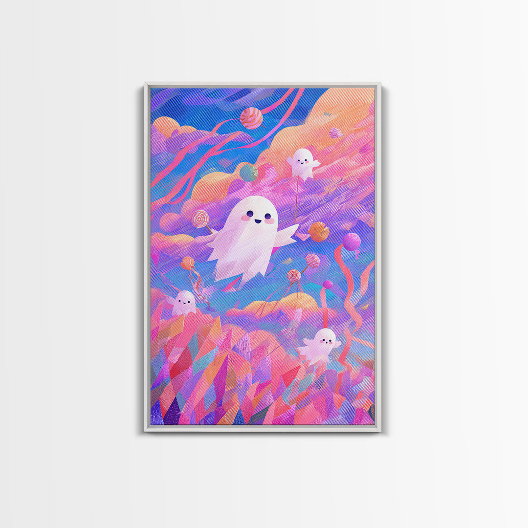 The Ghost Kite Festival, 80s Halloween Wall Art, Vertical Wall Art, Framed Canvas Print, Retro Halloween Decor, Neon Wall Art
