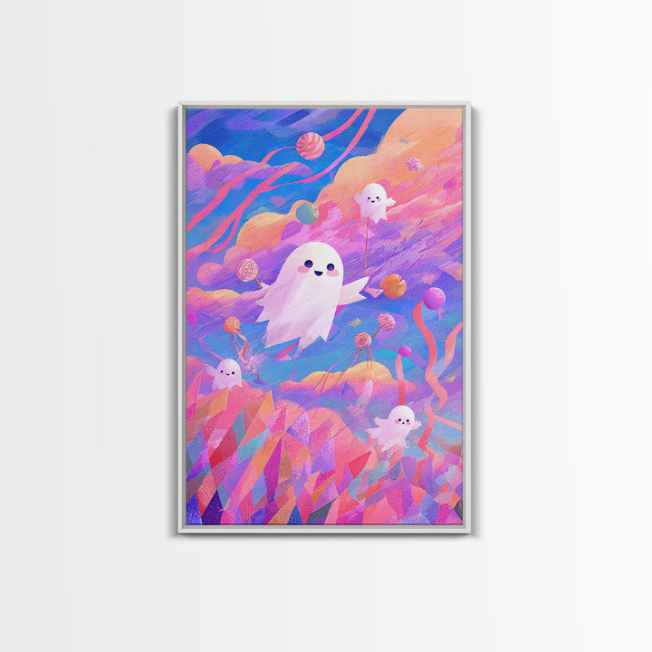The Ghost Kite Festival, 80s Halloween Wall Art, Vertical Wall Art, Framed Canvas Print, Retro Halloween Decor, Neon Wall Art