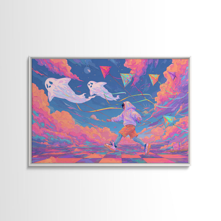 The Ghost Kite Festival, 80s Halloween Wall Art, Landscape Wall Art, Framed Canvas Print, Retro Halloween Decor, Neon Wall Art