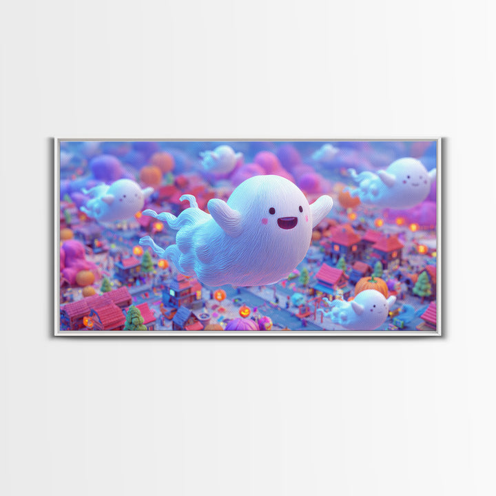 The Ghost Kite Festival, 80s Halloween Wall Art, Wide Panoramic Art, Framed Canvas Print, Retro Halloween Decor, Neon Wall Art