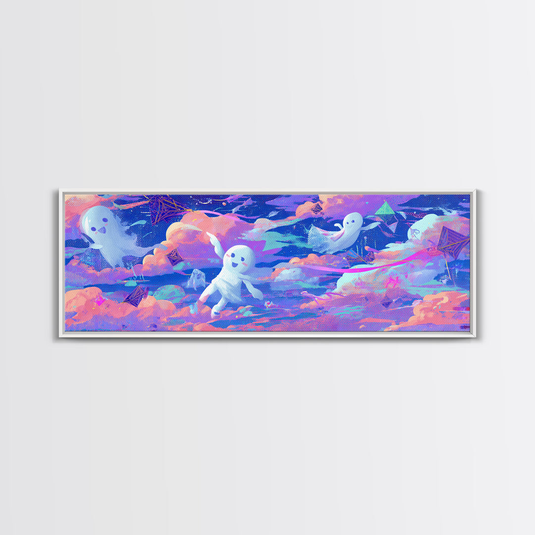 The Ghost Kite Festival, Retro Neon Halloween Art, Extra Wide Wall Art, Canvas Print, Retro Halloween Decor, Neon Wall Art