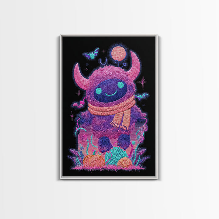 The Fuzzy Purple Monster, Synthwave Halloween Art, Vertical Wall Art, Canvas Print, Retro Halloween Decor, Neon Wall Art, Macabre Wall Art