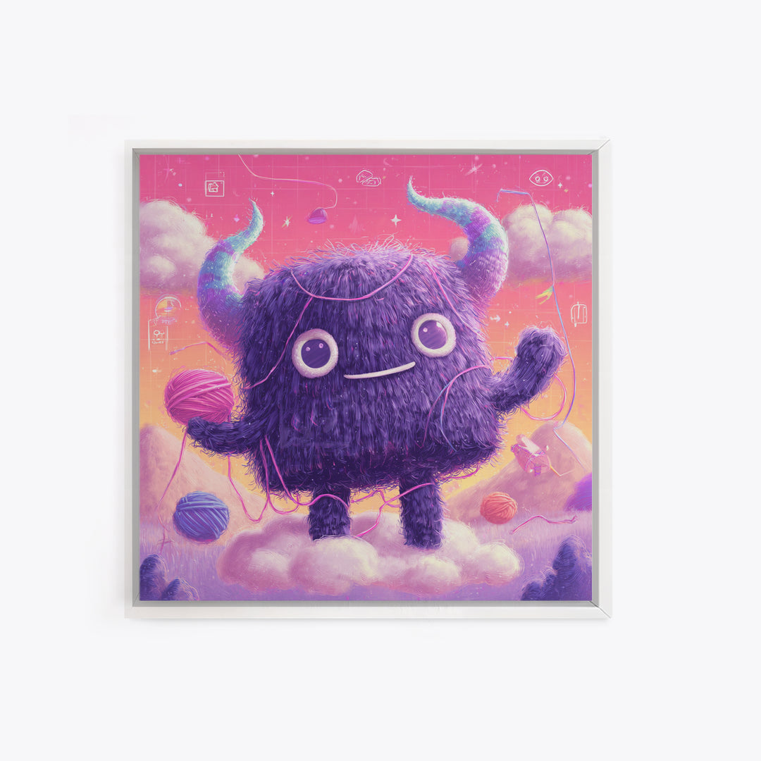The Fuzzy Purple Monster, Vaporwave Halloween Decor, Square Wall Art, Framed Canvas Print, Retro Halloween Decor, Neon Wall Art