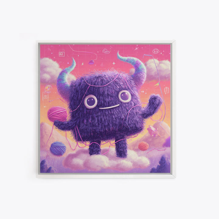 The Fuzzy Purple Monster, Vaporwave Halloween Decor, Square Wall Art, Framed Canvas Print, Retro Halloween Decor, Neon Wall Art