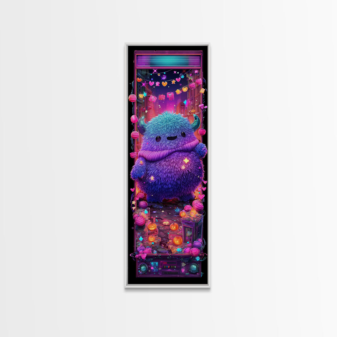 The Fuzzy Purple Monster, Synthwave Halloween Art, Tall Narrow Wall Art, Canvas Print, Retro Halloween Decor, Neon Wall Art