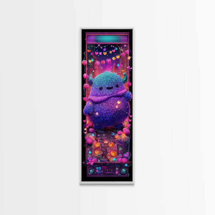The Fuzzy Purple Monster, Synthwave Halloween Art, Tall Narrow Wall Art, Canvas Print, Retro Halloween Decor, Neon Wall Art