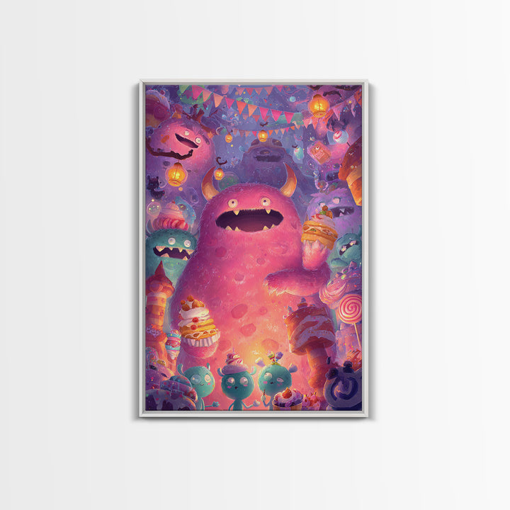 The Polka-Dot Monster, Vaporwave Halloween Decor, Vertical Wall Art, Framed Canvas Print, Retro Halloween Decor, Neon Wall Art