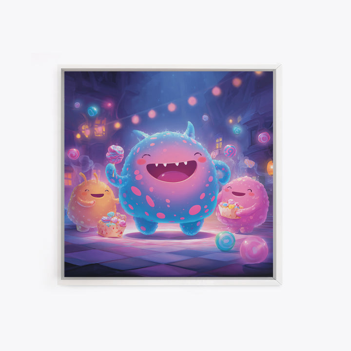 The Polka-Dot Monster, Synthwave Halloween Art, Square Wall Art, Framed Canvas Print, Retro Halloween Decor, Neon Wall Art