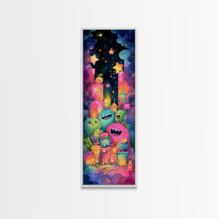 The Polka-Dot Monster, Retro Neon Halloween Art, Tall Narrow Wall Art, Canvas Print, Retro Halloween Decor, Neon Wall Art, Dark Fantasy Art