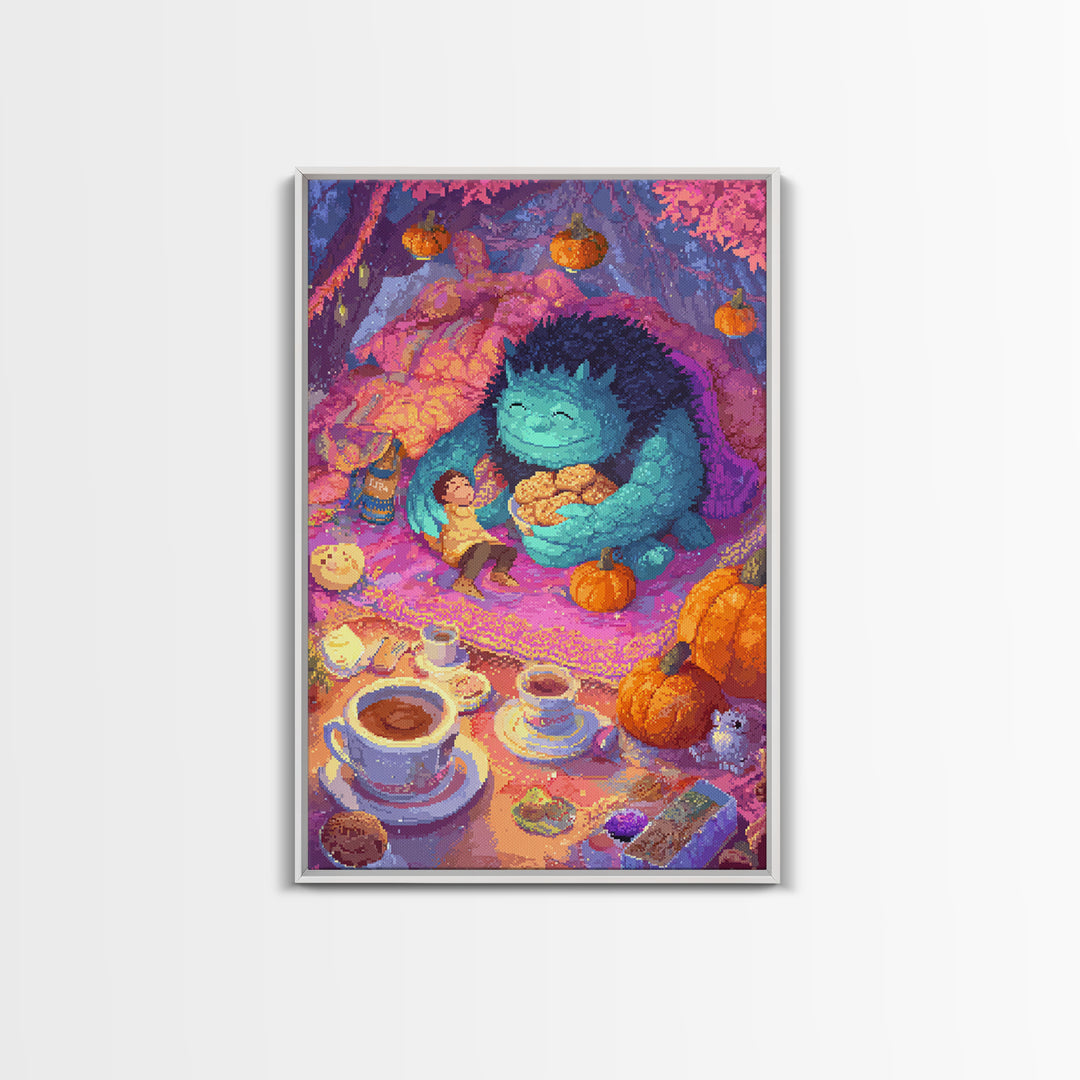 The Monster Under The Bed Tea Party, Retro Neon Halloween Art, Vertical Wall Art, Canvas Print, Retro Halloween Decor, Neon Wall Art