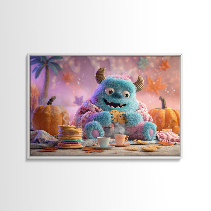 The Monster Under The Bed Tea Party, Vaporwave Halloween Decor, Landscape Wall Art, Canvas Print, Retro Halloween Decor, Neon Wall Art