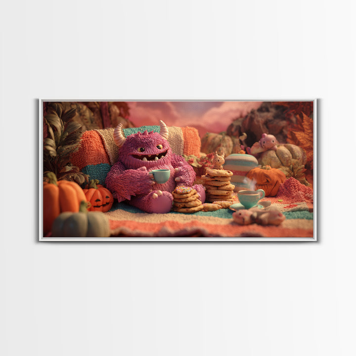 The Monster Under The Bed Tea Party, Vaporwave Halloween Decor, Wide Panoramic Art, Framed Canvas Print, Retro Halloween Decor