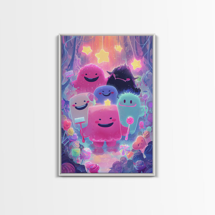 The Monster Toothbrush Club, Vaporwave Halloween Decor, Vertical Wall Art, Framed Canvas Print, Retro Halloween Decor, Neon Wall Art