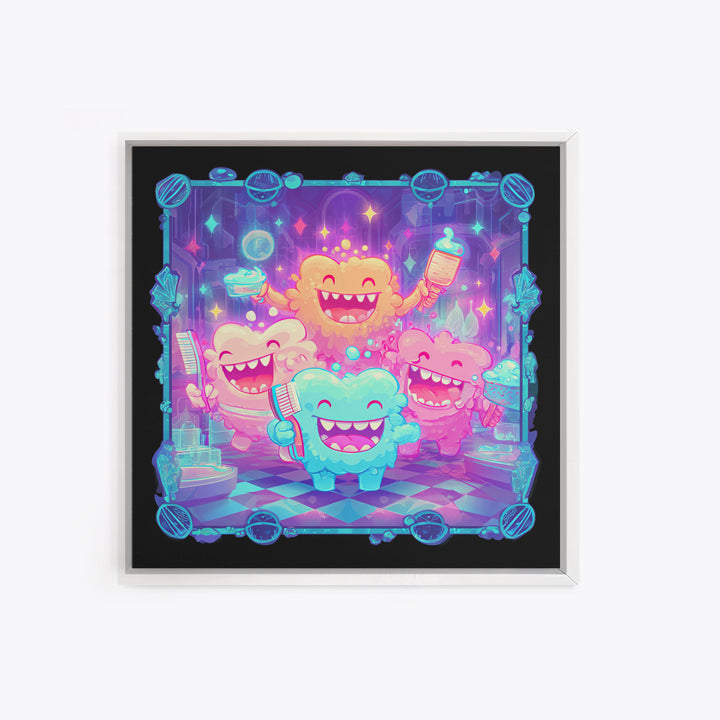 The Monster Toothbrush Club, Vaporwave Halloween Decor, Square Wall Art, Canvas Print, Retro Halloween Decor, Neon Wall Art