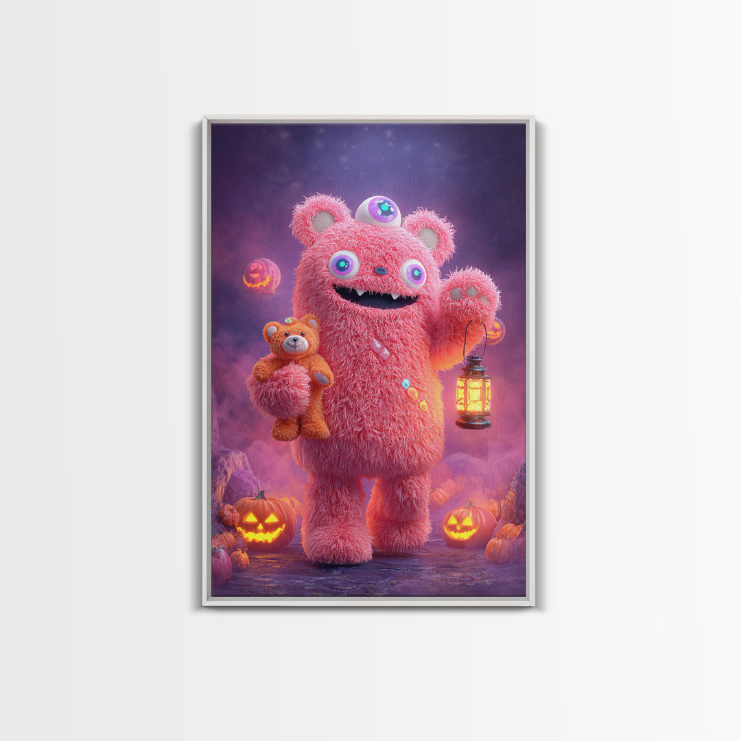 The Three-Eyed Teddy Monster, 80s Halloween Wall Art, Vertical Wall Art, Framed Canvas Print, Retro Halloween Decor, Neon Wall Art