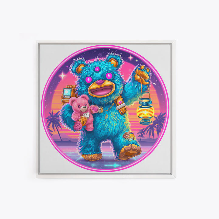 The Three-Eyed Teddy Monster, Cute Spooky Neon Art, Square Wall Art, Framed Canvas Print, Retro Halloween Decor, Neon Wall Art