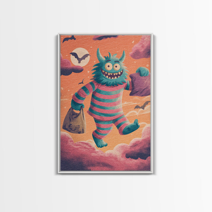The Monster Pajama Parade, Synthwave Halloween Art, Vertical Wall Art, Framed Canvas Print, Retro Halloween Decor, Neon Wall Art