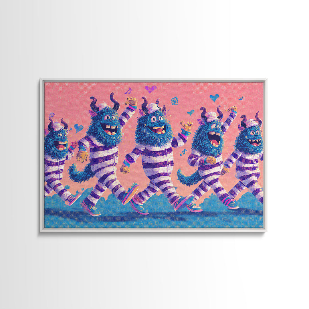 The Monster Pajama Parade, Vaporwave Halloween Decor, Landscape Wall Art, Canvas Print, Retro Halloween Decor, Neon Wall Art