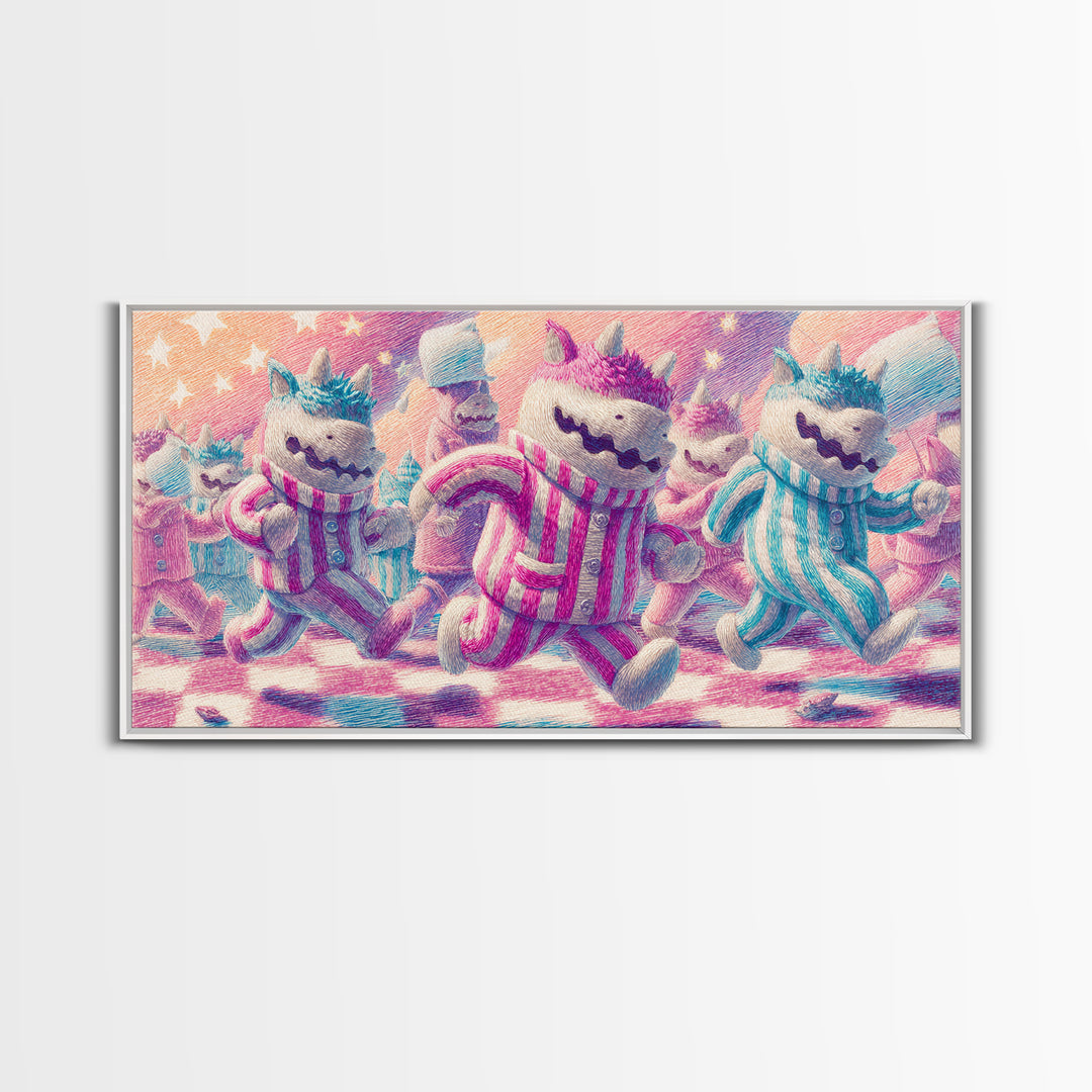 The Monster Pajama Parade, 80s Halloween Wall Art, Wide Panoramic Art, Framed Canvas Print, Retro Halloween Decor, Neon Wall Art