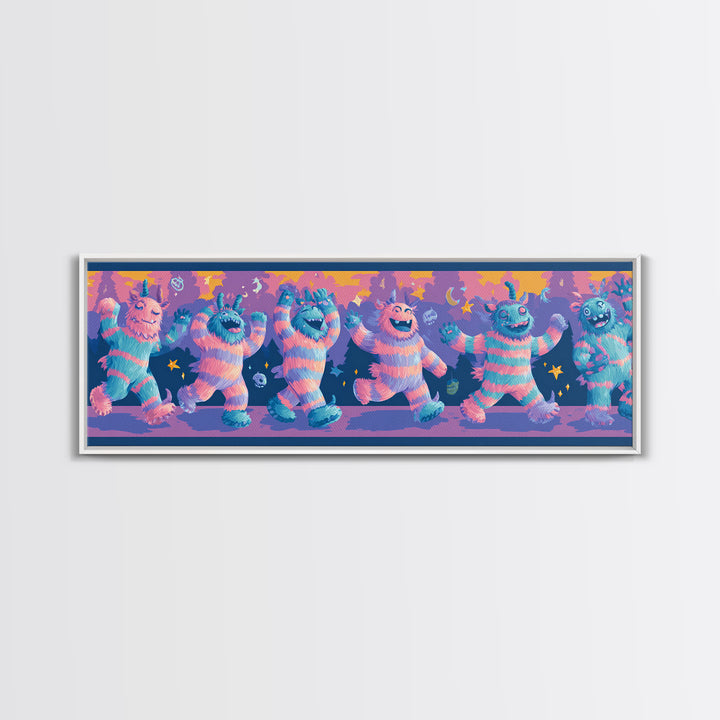 The Monster Pajama Parade, 80s Halloween Wall Art, Extra Wide Wall Art, Framed Canvas Print, Retro Halloween Decor, Neon Wall Art