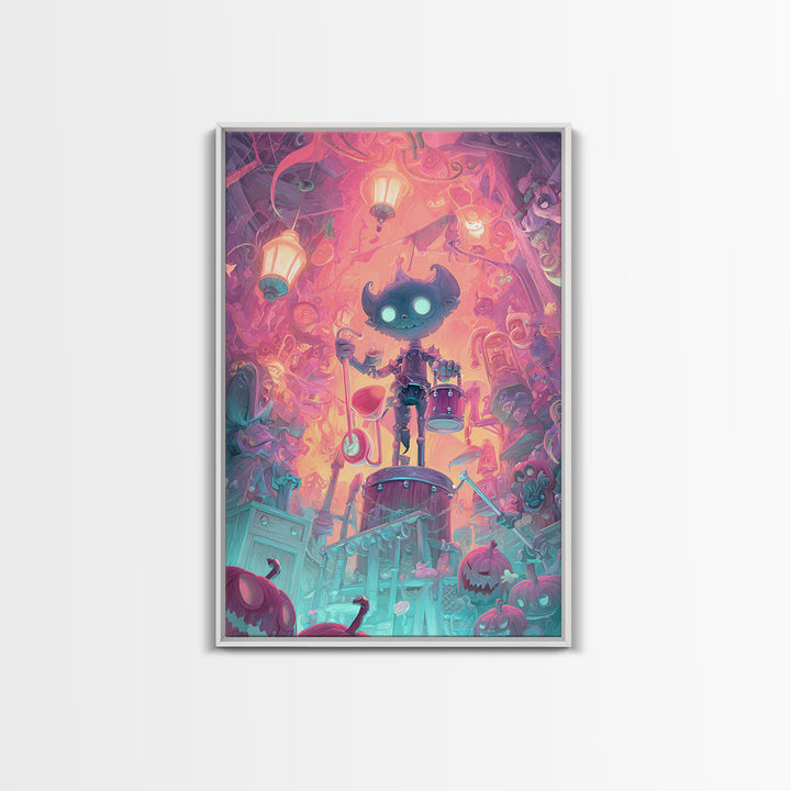 The Little Monster Orchestra, Synthwave Halloween Art, Vertical Wall Art, Canvas Print, Retro Halloween Decor, Neon Wall Art