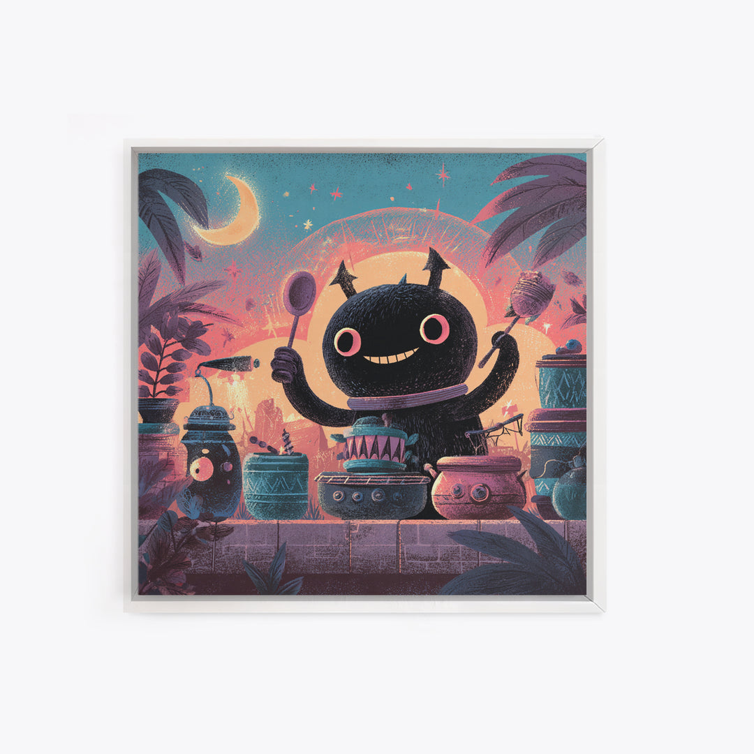 The Little Monster Orchestra, Cute Spooky Neon Art, Square Wall Art, Framed Canvas Print, Retro Halloween Decor, Neon Wall Art