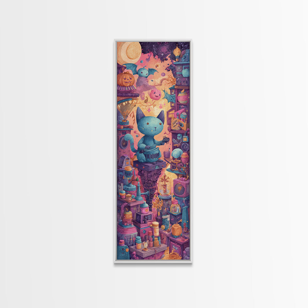 The Little Monster Orchestra, 80s Halloween Wall Art, Tall Narrow Wall Art, Canvas Print, Retro Halloween Decor, Neon Wall Art