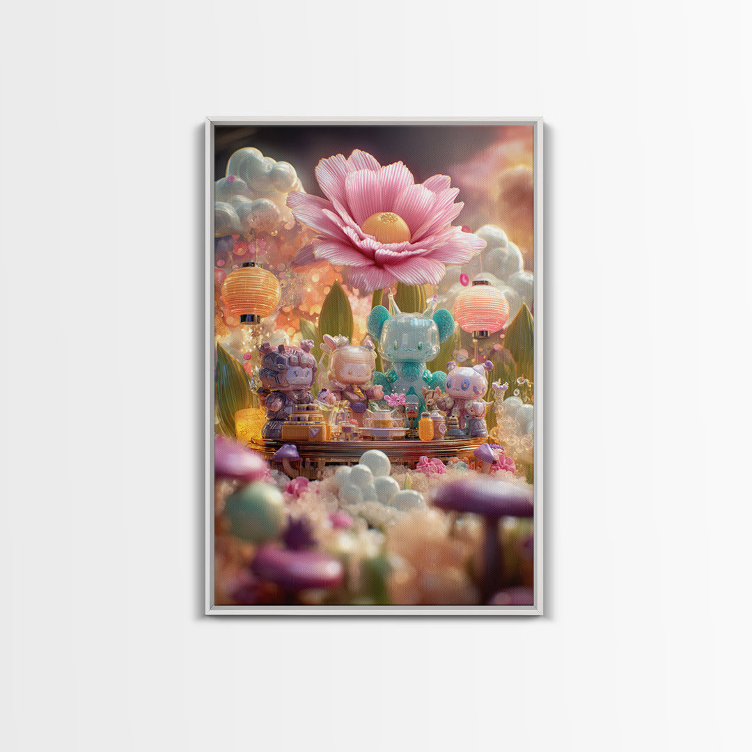 The Monster Flower Shop, Cute Spooky Neon Art, Vertical Wall Art, Framed Canvas Print, Retro Halloween Decor, Neon Wall Art