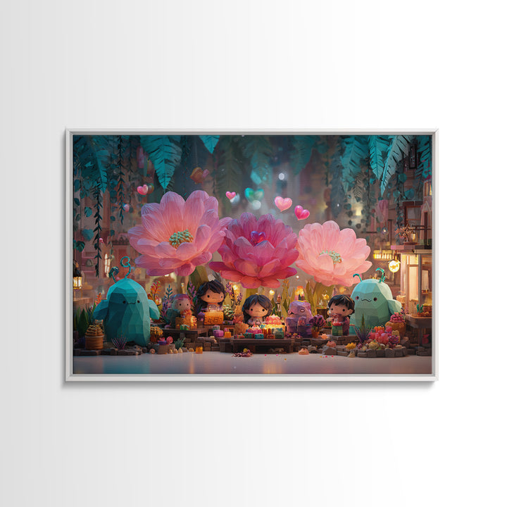 The Monster Flower Shop, Retro Neon Halloween Art, Landscape Wall Art, Framed Canvas Print, Retro Halloween Decor, Neon Wall Art