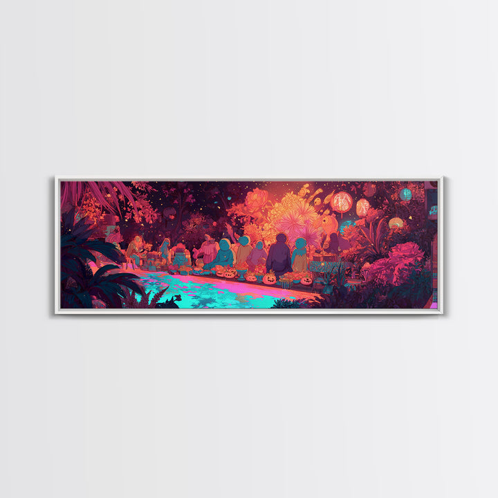 The Monster Flower Shop, Synthwave Halloween Art, Extra Wide Wall Art, Framed Canvas Print, Retro Halloween Decor, Neon Wall Art