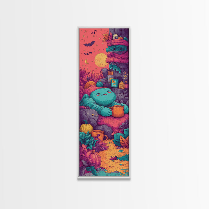 The Monster Hide-And-Seek Game, Cute Spooky Neon Art, Tall Narrow Wall Art, Canvas Print, Retro Halloween Decor, Neon Wall Art