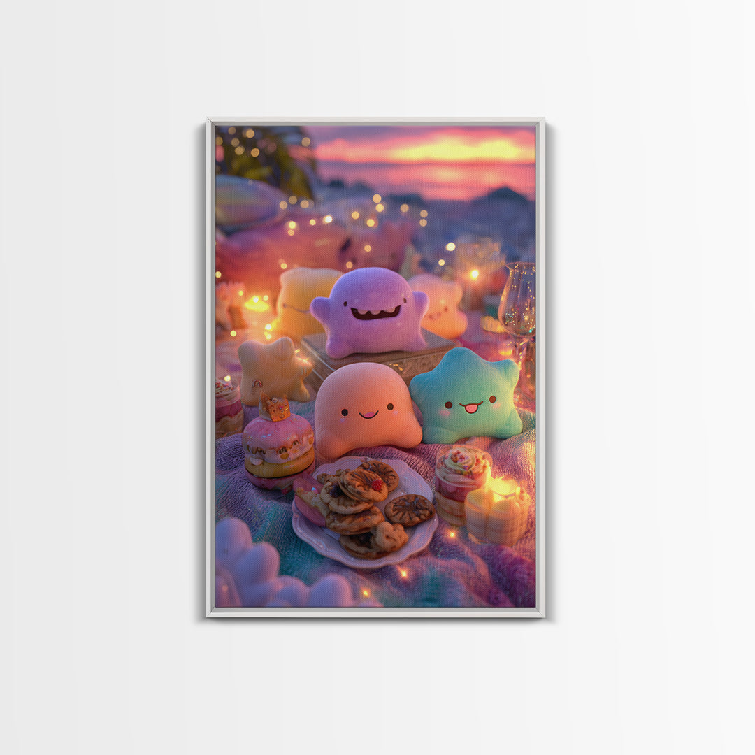 The Monster Friendship Picnic, Cute Spooky Neon Art, Vertical Wall Art, Canvas Print, Retro Halloween Decor, Neon Wall Art, Dark Fantasy Art