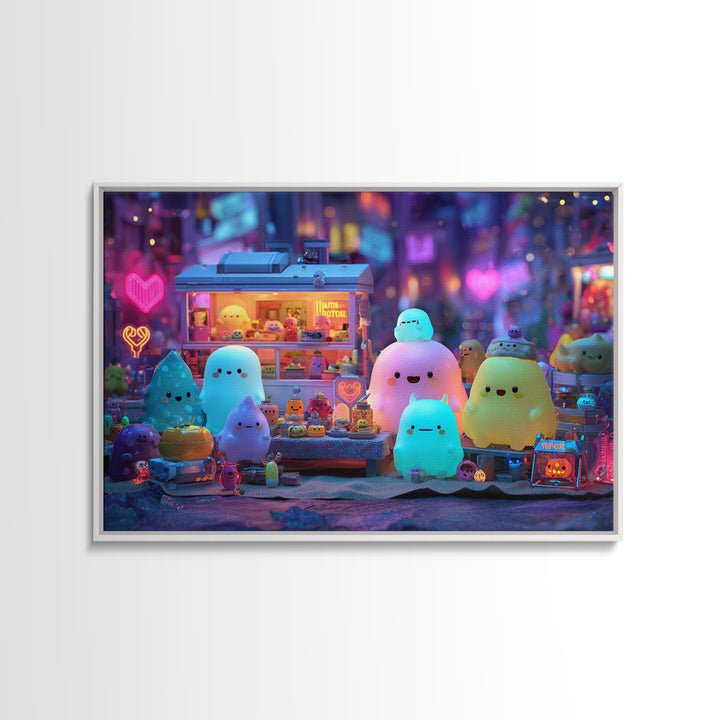 The Monster Friendship Picnic, Retro Neon Halloween Art, Landscape Wall Art, Framed Canvas Print, Retro Halloween Decor, Neon Wall Art